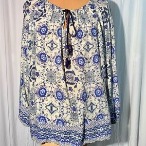 Karen Kane Blue and Cream Floral Blouse